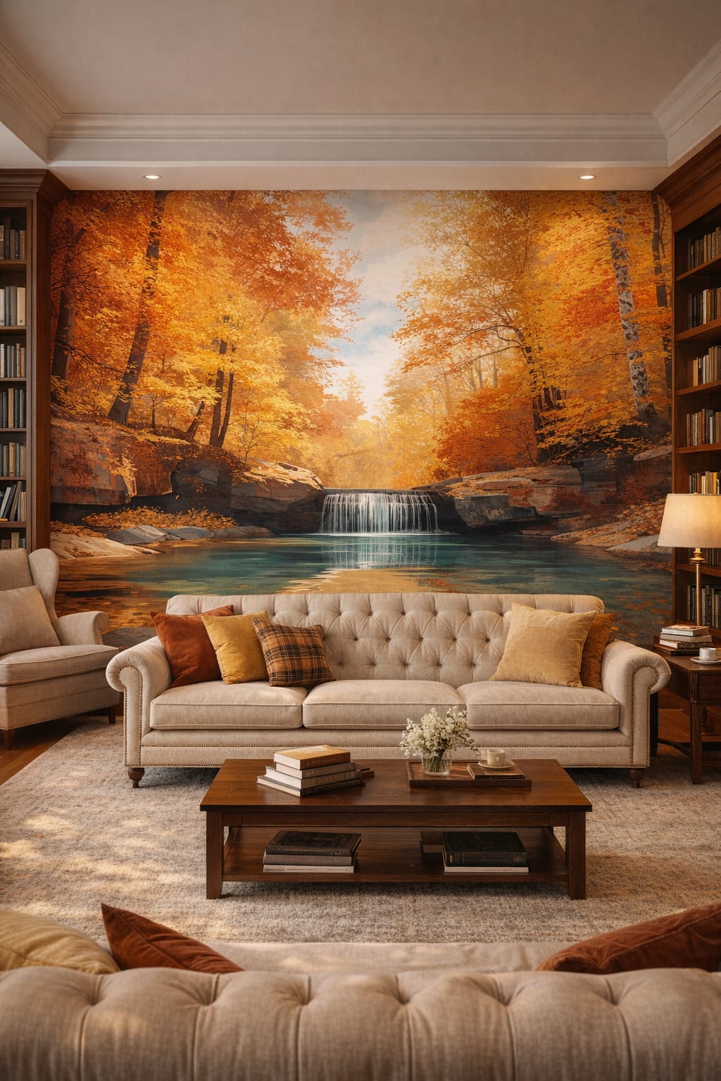Cream-toned scholarly autumn forest featuring waterfall - Wall Mural Peel and Stick Wallpaper for Light Academia Home Library.