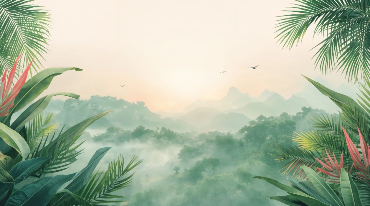 Serene airy Soft Green tropical landscape featuring palm leaves and misty mountains - Wall Mural & Peel and Stick Wallpaper for Watercolor Interiors and Premium Home Styling.