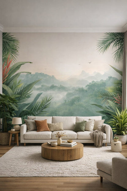 Biophilic green-neutral tropical landscape featuring birds in flight - Wall Mural Peel and Stick Wallpaper for Biophilic Design Living Room.
