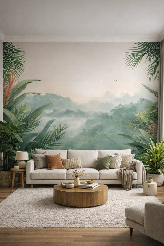 Biophilic green-neutral tropical landscape featuring birds in flight - Wall Mural Peel and Stick Wallpaper for Biophilic Design Living Room.
