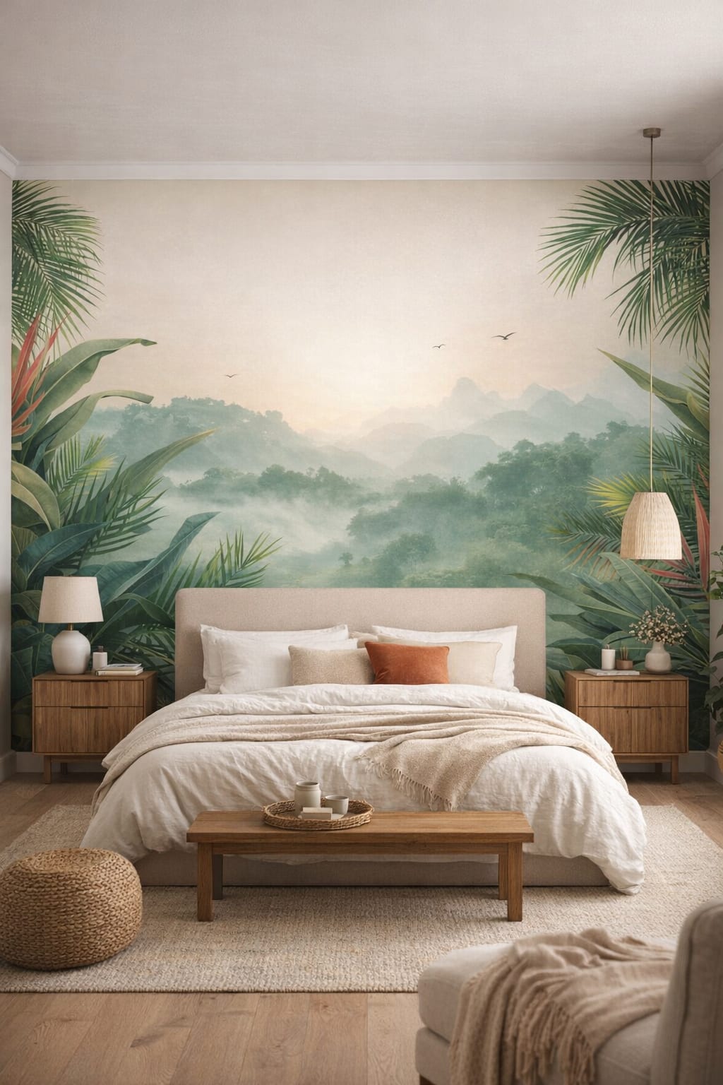 Organic Modern cream-sand tropical landscape featuring palm leaves - Wall Mural Peel and Stick Wallpaper for Organic Modern Master Bedroom.