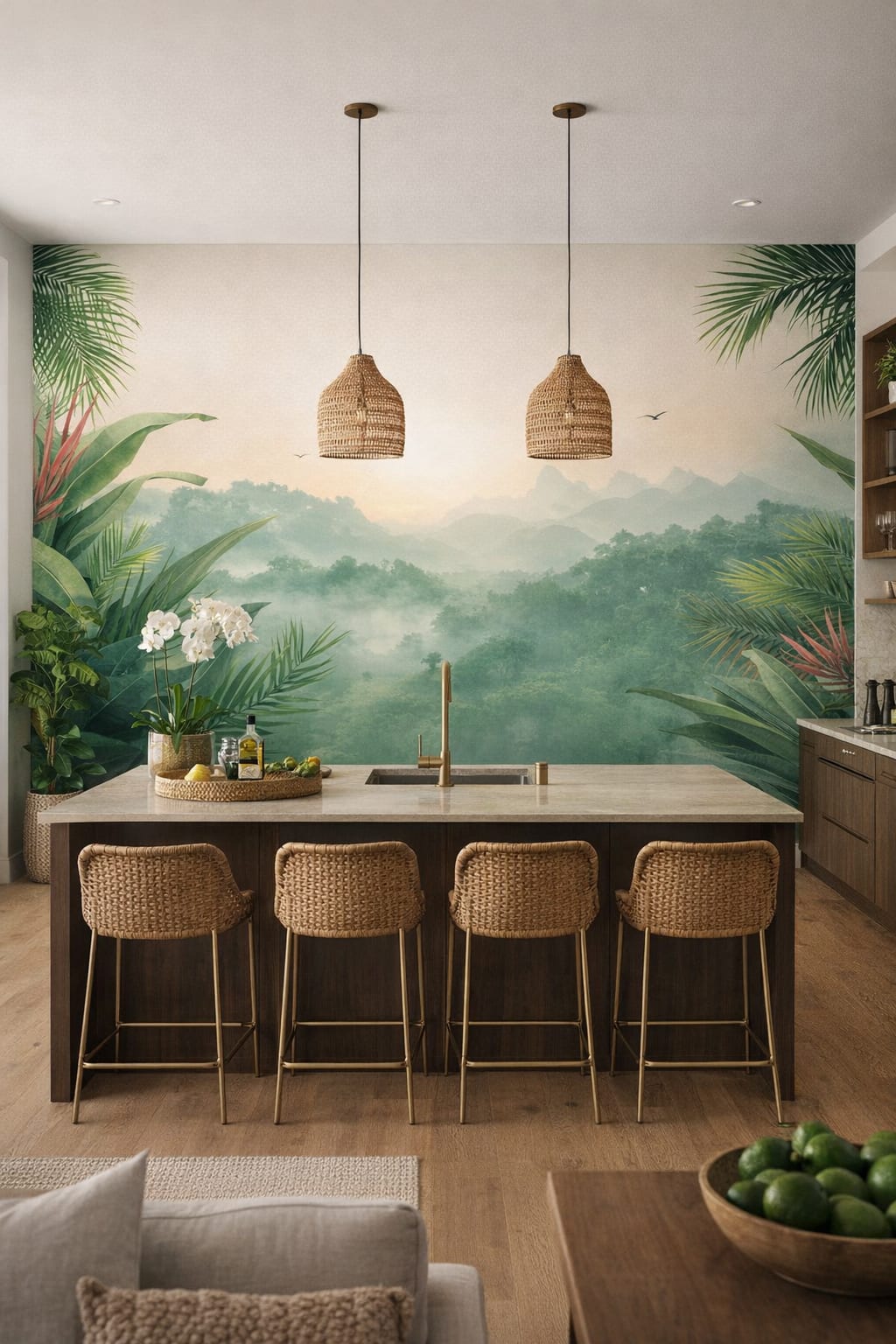 White-green Tropical Modern tropical landscape featuring palm leaves - Wall Mural Peel and Stick Wallpaper for Tropical Modern High-end Kitchen.
