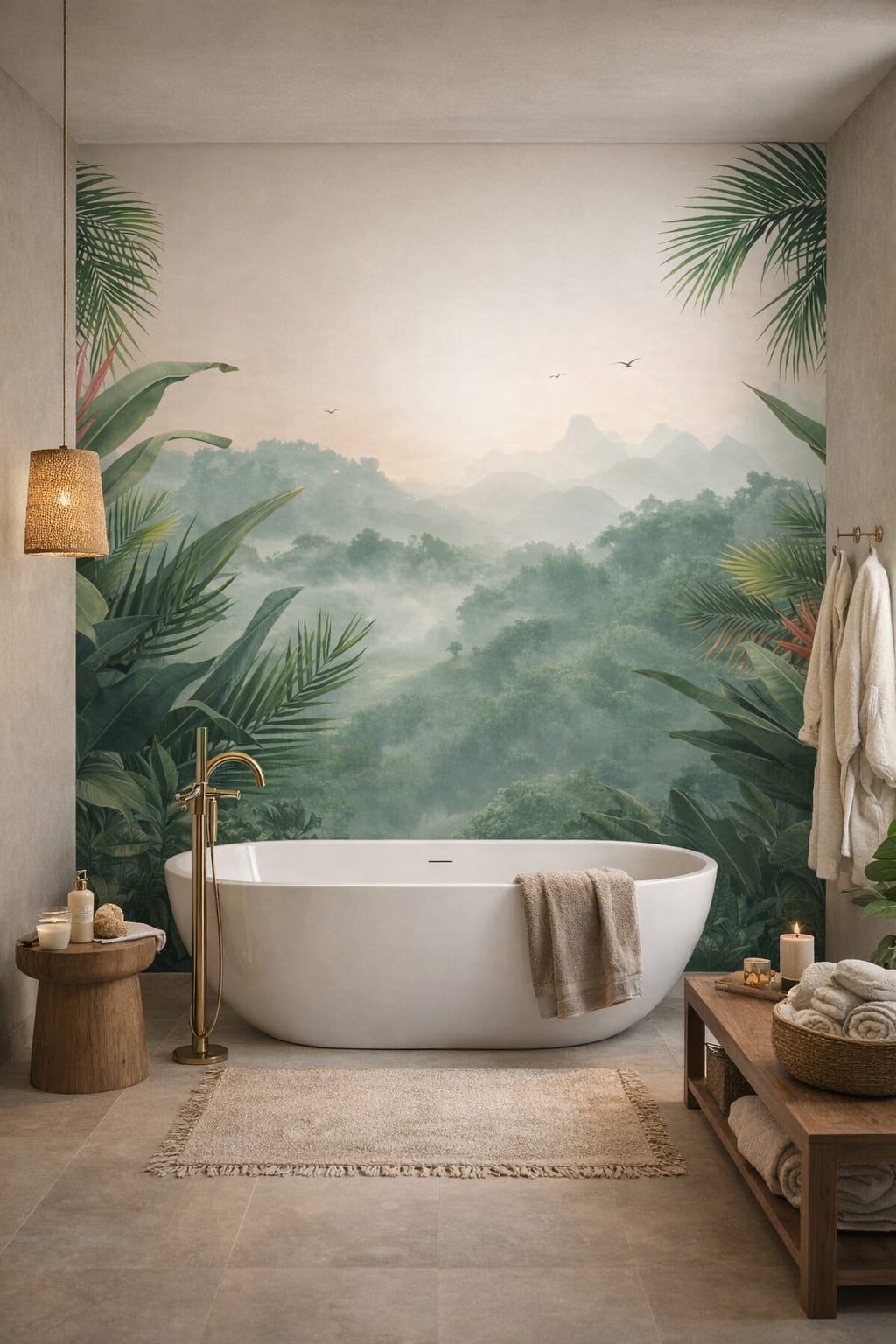 Resort Style sand-white tropical landscape featuring misty mountains - Wall Mural Peel and Stick Wallpaper for Resort Style Luxury Bathroom.