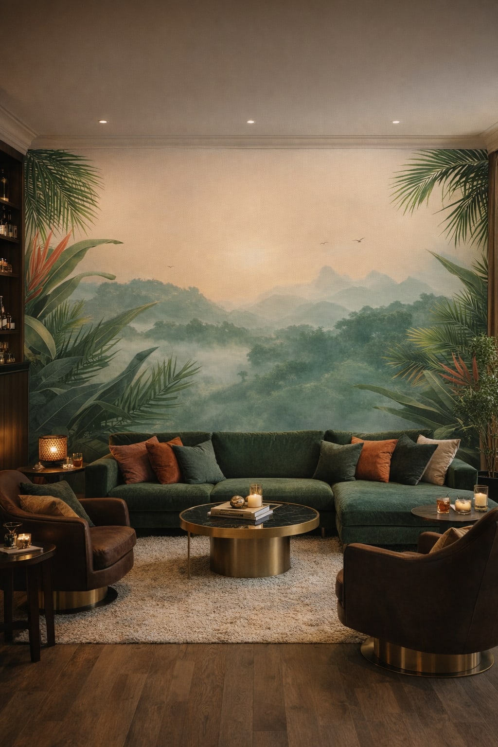 Global Fusion earthy-accent tropical landscape featuring palm leaves - Wall Mural Peel and Stick Wallpaper for Global Fusion Bar/Lounge.