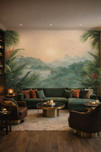 Global Fusion earthy-accent tropical landscape featuring palm leaves - Wall Mural Peel and Stick Wallpaper for Global Fusion Bar/Lounge.