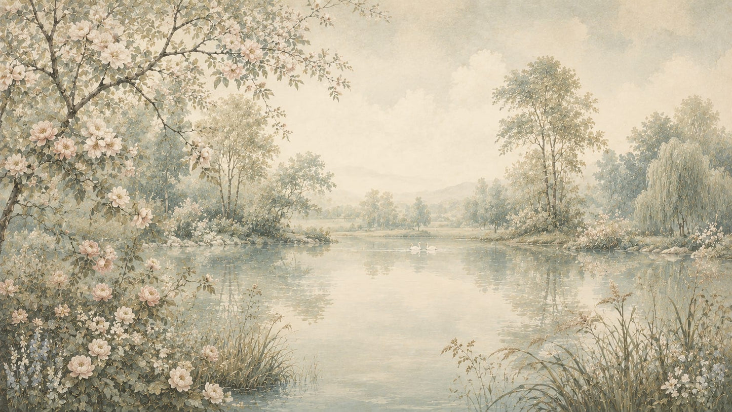 Serene Painterly Sage Green lakeside landscape featuring floral blossoms and swans - Wall Mural & Peel and Stick Wallpaper for Painterly Interiors and Premium Home Styling