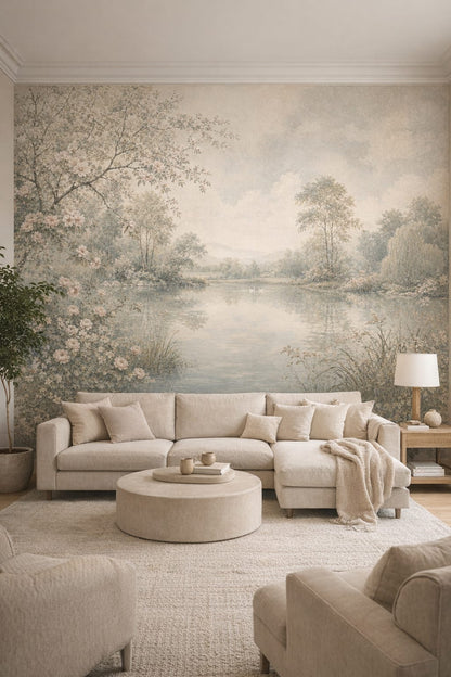 Cream sand Organic Modern lakeside landscape featuring swans - Wall Mural Peel and Stick Wallpaper for Organic Modern Living Room.