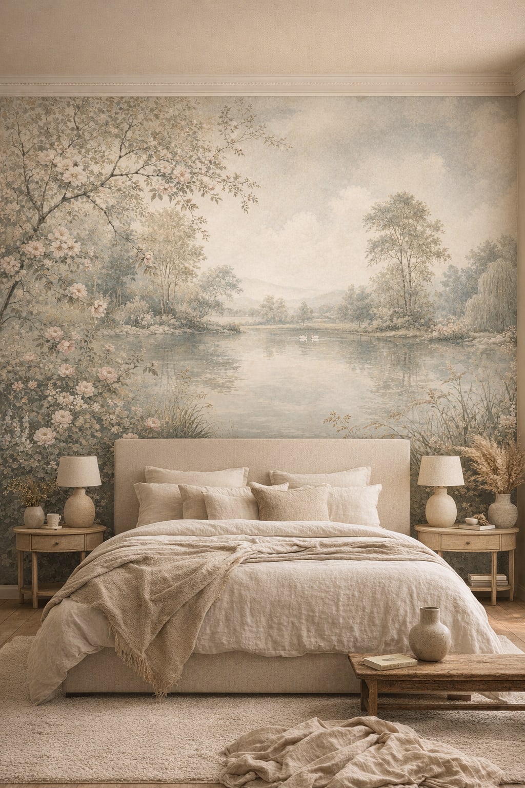 Muted earth-tone Wabi-sabi lakeside landscape featuring swans - Wall Mural Peel and Stick Wallpaper for Wabi-sabi Master Bedroom.