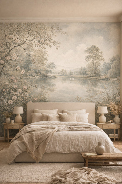 Muted earth-tone Wabi-sabi lakeside landscape featuring swans - Wall Mural Peel and Stick Wallpaper for Wabi-sabi Master Bedroom.