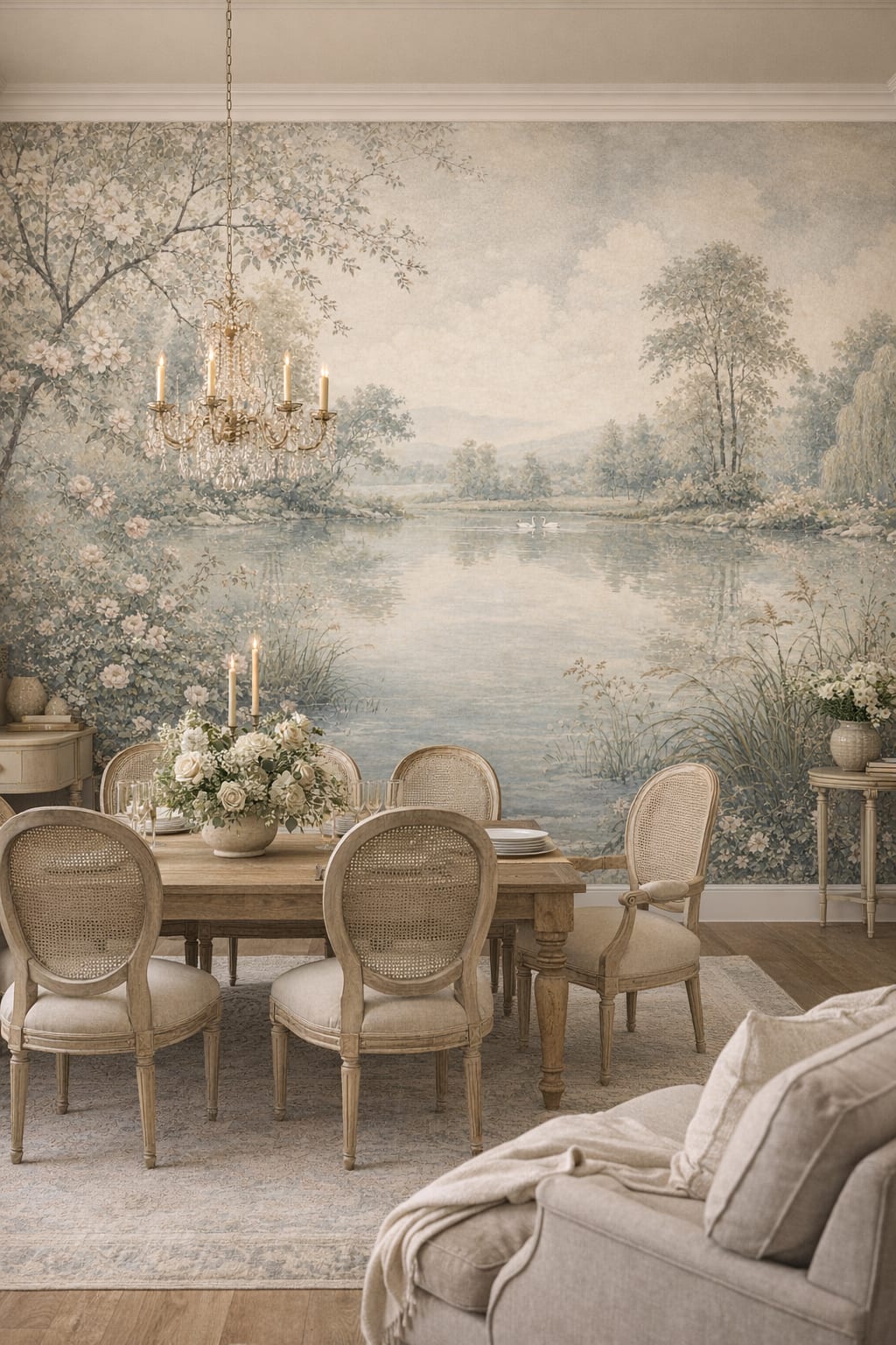 French Country beige-blue lakeside landscape featuring swans - Wall Mural Peel and Stick Wallpaper for French Country Formal Dining Room.