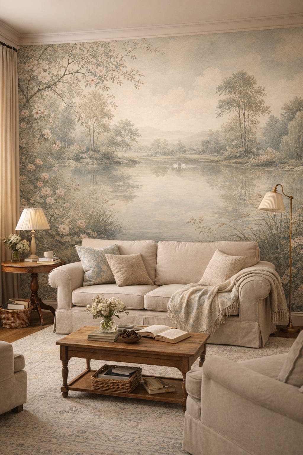 Cream green lakeside landscape featuring swans - Wall Mural Peel and Stick Wallpaper for English Cottage Reading Corner.