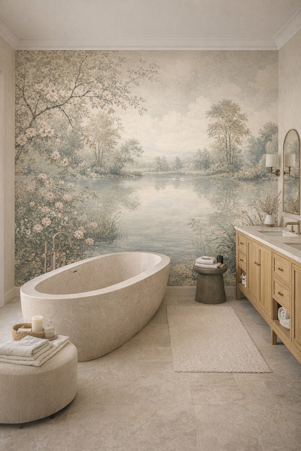Quiet Luxury Greige lakeside landscape featuring swans - Wall Mural Peel and Stick Wallpaper for Quiet Luxury Luxury Bathroom.