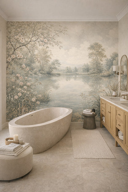 Quiet Luxury Greige lakeside landscape featuring swans - Wall Mural Peel and Stick Wallpaper for Quiet Luxury Luxury Bathroom.