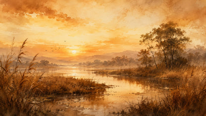 Atmospheric Painterly Golden Amber Sunset Landscape featuring lake, reeds and birds - Wall Mural & Peel and Stick Wallpaper for Watercolor Interiors and Premium Home Styling