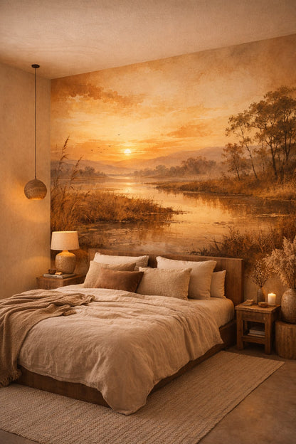 Muted earth-tone Wabi-sabi sunset landscape featuring lake - Wall Mural Peel and Stick Wallpaper for Wabi-sabi Master Bedroom.