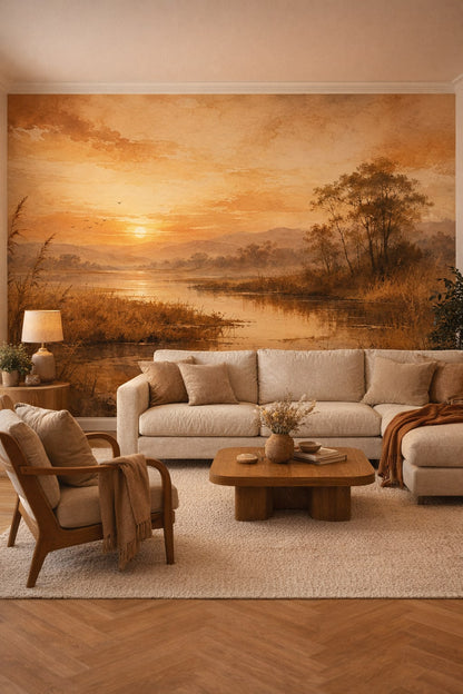 Cream sand Organic Modern sunset landscape featuring lake - Wall Mural Peel and Stick Wallpaper for Organic Modern Living Room.