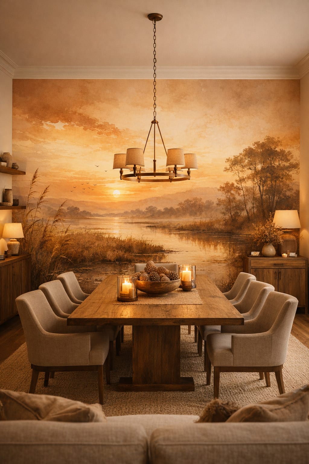 Sand charcoal sunset landscape featuring lake - Wall Mural Peel and Stick Wallpaper for Rustic Modern Formal Dining Room.