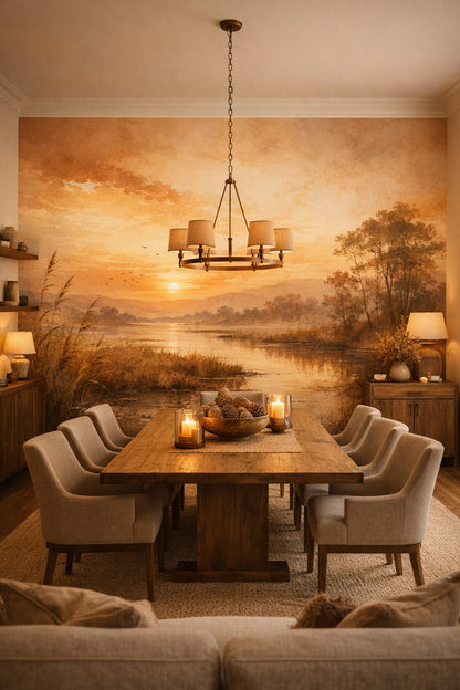 Sand charcoal sunset landscape featuring lake - Wall Mural Peel and Stick Wallpaper for Rustic Modern Formal Dining Room.