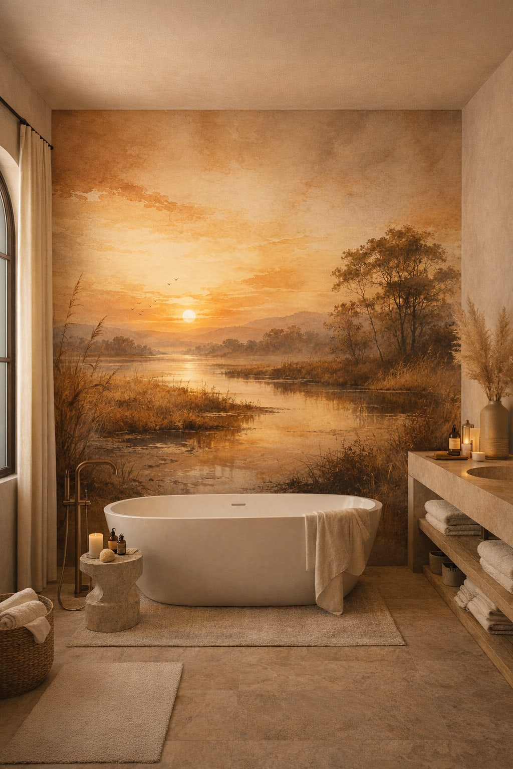 Mediterranean Modern sand-white sunset landscape featuring lake - Wall Mural Peel and Stick Wallpaper for Mediterranean Modern Luxury Bathroom.