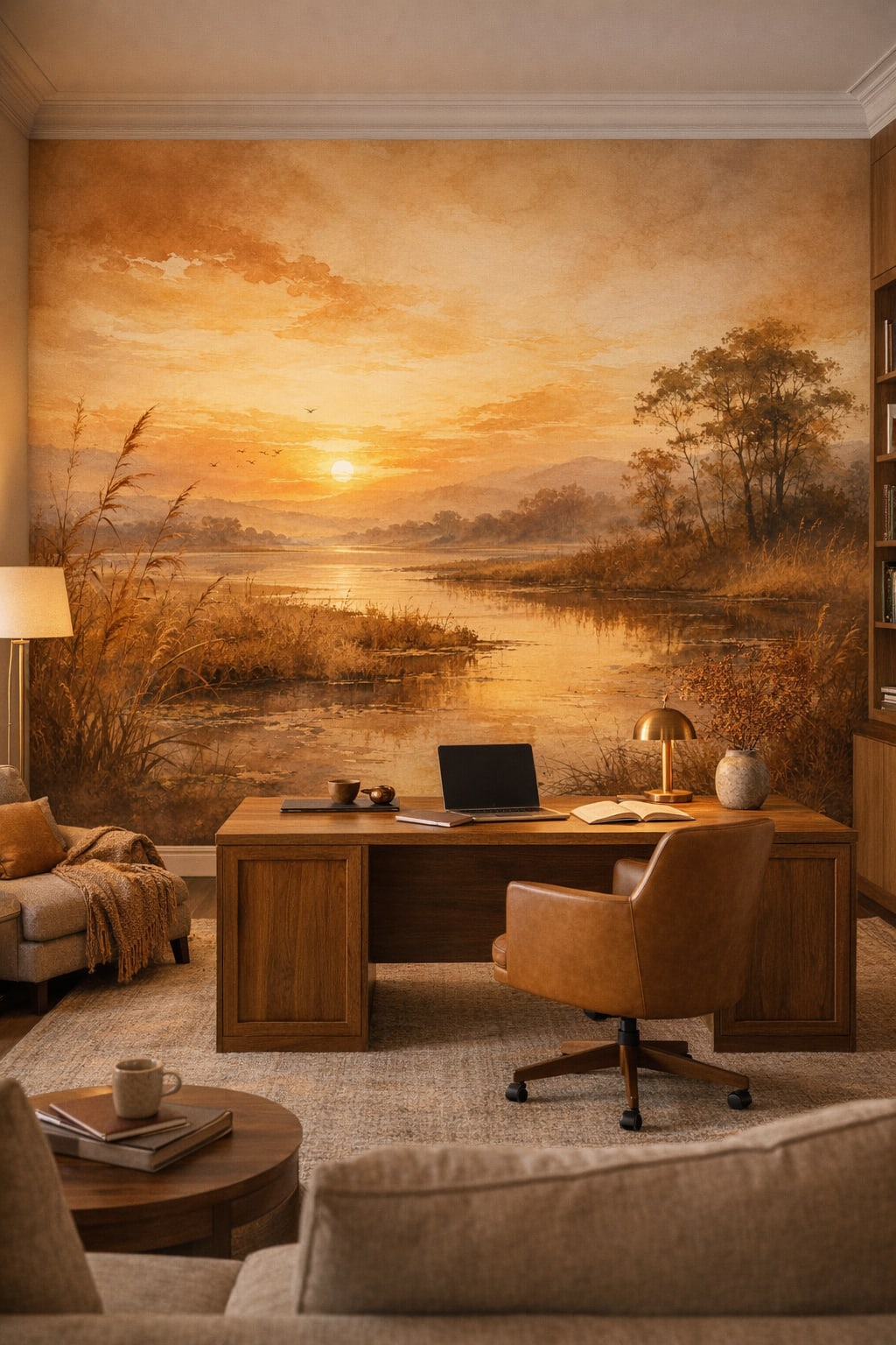 Biophilic green-neutral sunset landscape featuring lake - Wall Mural Peel and Stick Wallpaper for Biophilic Design Executive Home Office.