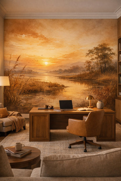 Biophilic green-neutral sunset landscape featuring lake - Wall Mural Peel and Stick Wallpaper for Biophilic Design Executive Home Office.