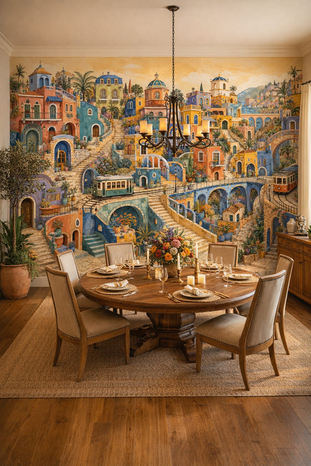 Mediterranean blue Mediterranean village featuring trams - Wall Mural Peel and Stick Wallpaper for Mediterranean Formal Dining Room.
