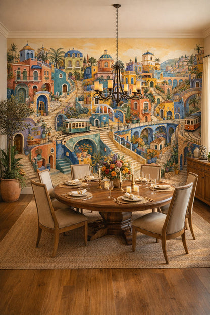 Mediterranean blue Mediterranean village featuring trams - Wall Mural Peel and Stick Wallpaper for Mediterranean Formal Dining Room.