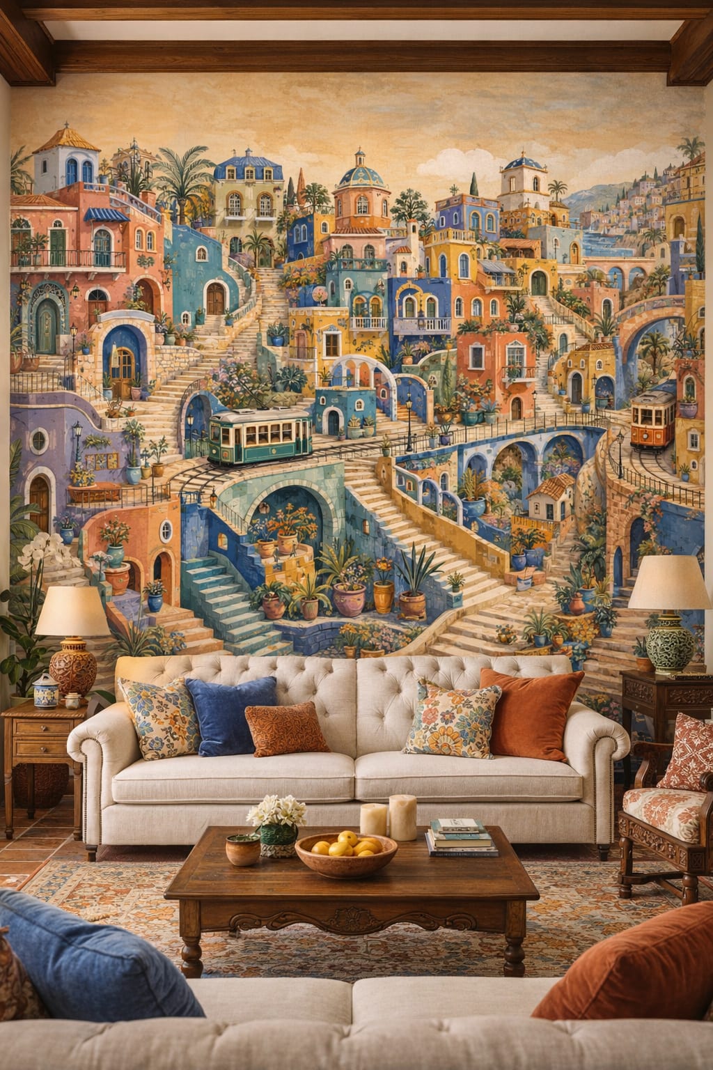 Spanish Colonial terracotta Mediterranean village featuring trams - Wall Mural Peel and Stick Wallpaper for Spanish Colonial Living Room.