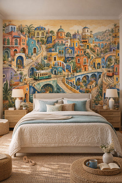 Coastal blue-and-sand Mediterranean village featuring trams - Wall Mural Peel and Stick Wallpaper for Coastal Master Bedroom.