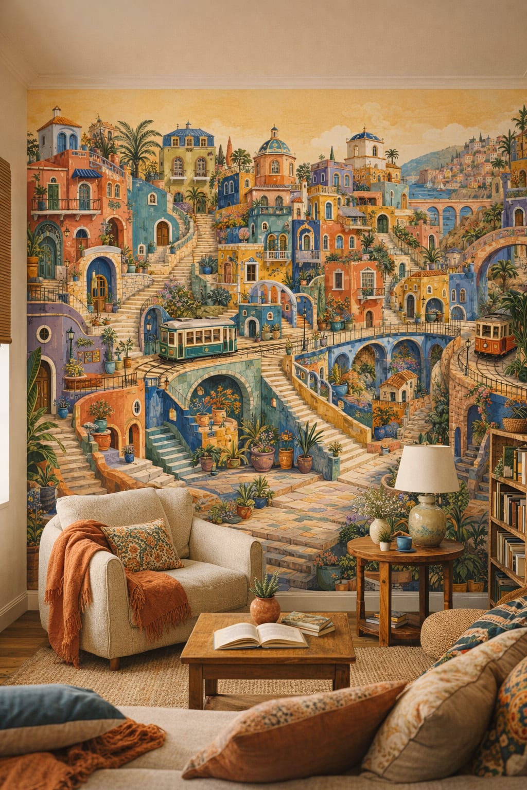 Boho Chic warm-neutral mediterranean village featuring trams - Wall Mural Peel and Stick Wallpaper for Boho Chic Reading Corner.
