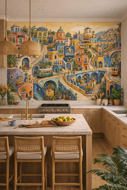 White-green Tropical Modern Mediterranean village featuring trams - Wall Mural Peel and Stick Wallpaper for Tropical Modern High-end Kitchen.