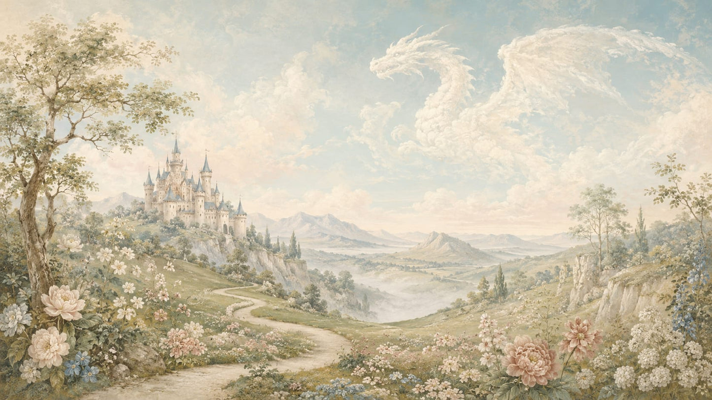 Whimsical Painterly Sky Blue Fantasy Castle featuring cloud dragon and floral meadow - Wall Mural & Peel and Stick Wallpaper for Painterly Nursery or Kids Room