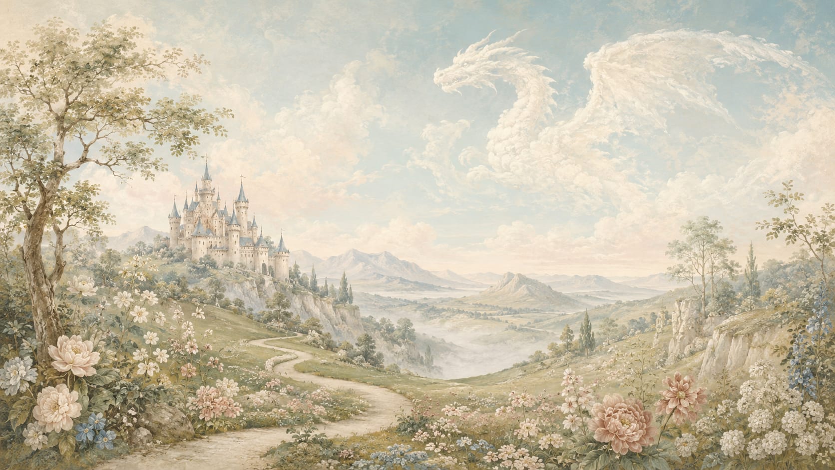 Whimsical Painterly Sky Blue Fantasy Castle featuring cloud dragon and floral meadow - Wall Mural & Peel and Stick Wallpaper for Painterly Nursery or Kids Room