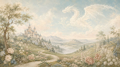 Whimsical Painterly Sky Blue Fantasy Castle featuring cloud dragon and floral meadow - Wall Mural & Peel and Stick Wallpaper for Painterly Nursery or Kids Room