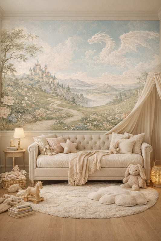 Cream storybook fantasy castle featuring cloud dragon - Wall Mural Peel and Stick Wallpaper for Classic Storybook Reading Corner