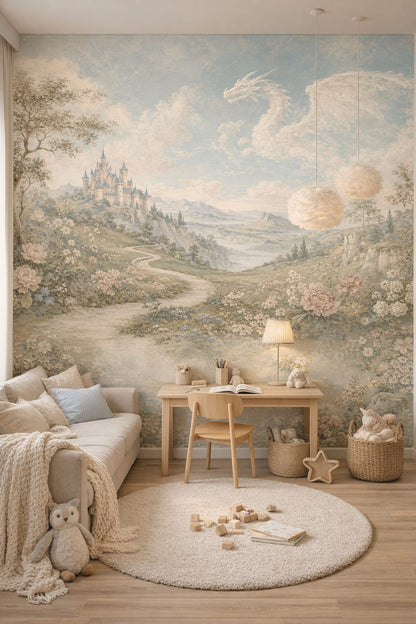 Scandi birch fantasy castle featuring cloud dragon - Wall Mural Peel and Stick Wallpaper for Scandi Kids Homework / Study Corner