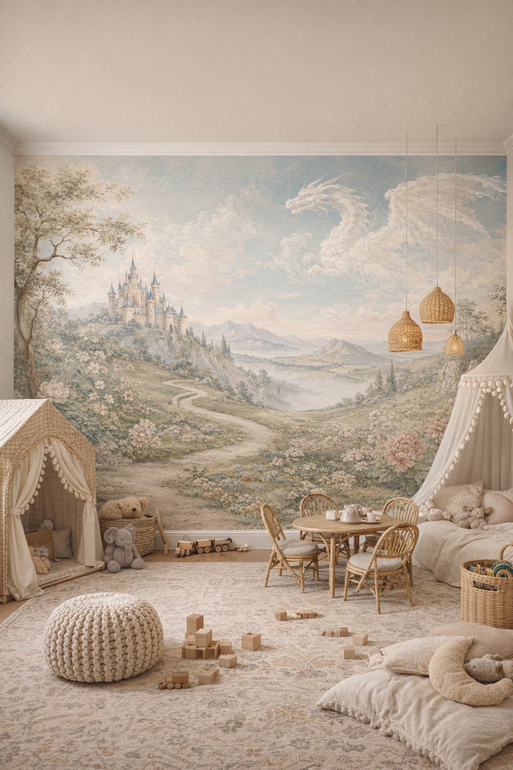 Boho cream fantasy castle featuring cloud dragon - Wall Mural Peel and Stick Wallpaper for Whimsical Boho Playroom.