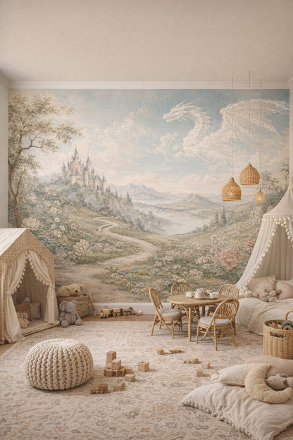 Boho cream fantasy castle featuring cloud dragon - Wall Mural Peel and Stick Wallpaper for Whimsical Boho Playroom.
