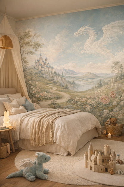 Woodland cream fantasy castle featuring a cloud dragon - Wall Mural Peel and Stick Wallpaper for Woodland / Forest Kids Bedroom.