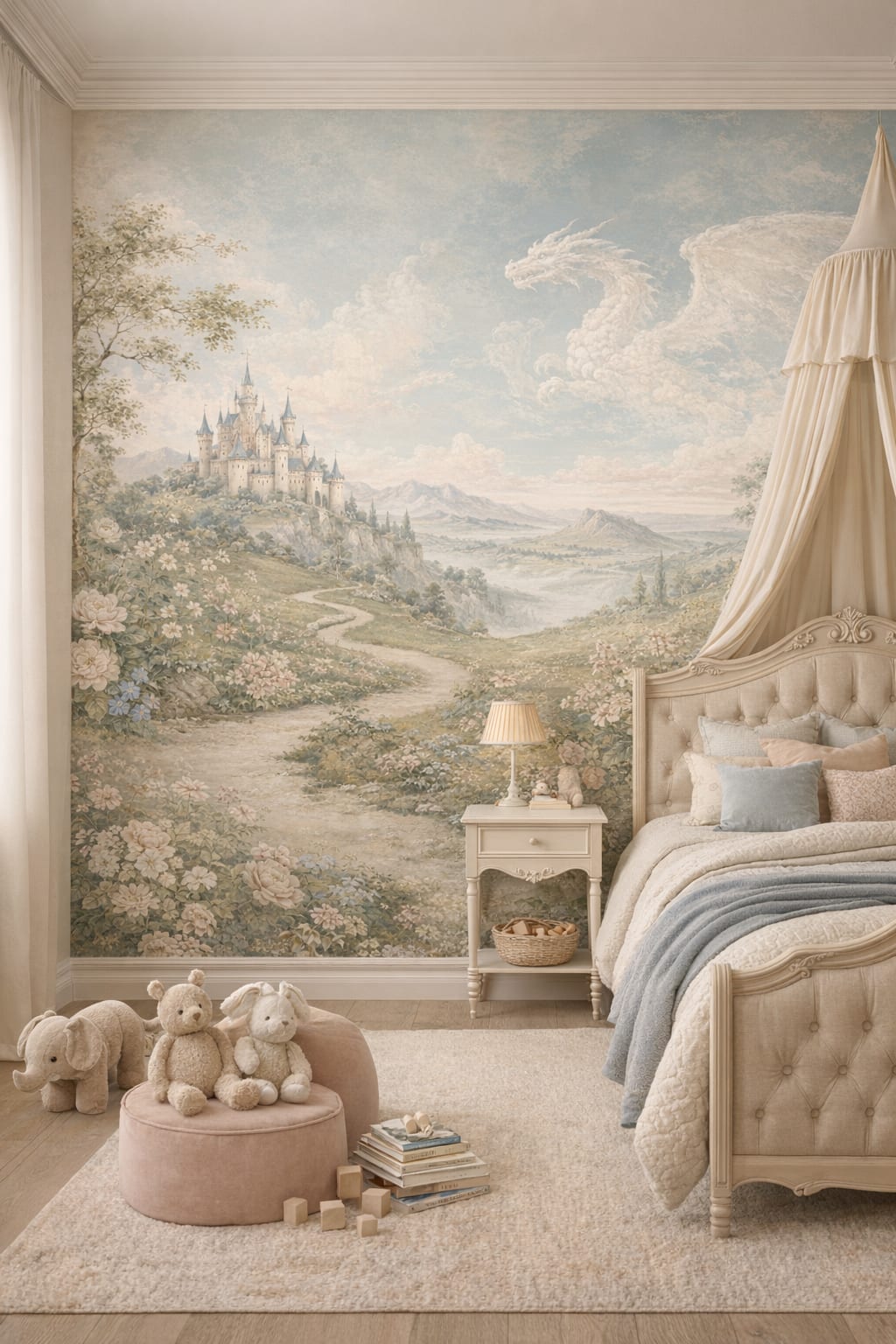 Gustavian bluish-gray fantasy castle featuring cloud dragon - Wall Mural Peel and Stick Wallpaper for Gustavian (Swedish) Kids Bedroom.