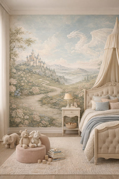 Gustavian bluish-gray fantasy castle featuring cloud dragon - Wall Mural Peel and Stick Wallpaper for Gustavian (Swedish) Kids Bedroom.
