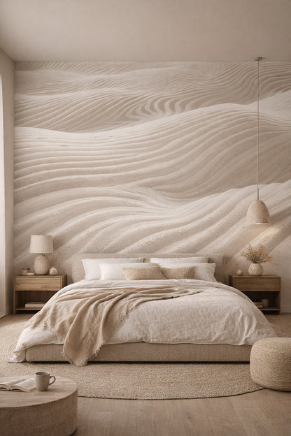 Wabi-sabi earthy sand dunes featuring wind ripples - Wall Mural Peel and Stick Wallpaper for Wabi-sabi Master Bedroom.