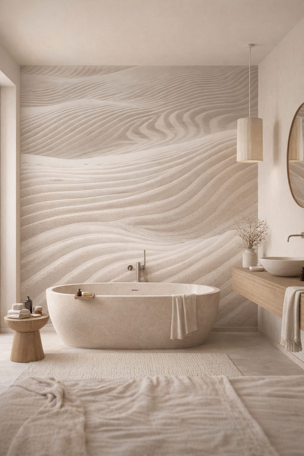 Japandi sand-toned sand dunes featuring wind ripples - Wall Mural Peel and Stick Wallpaper for Japandi Luxury Bathroom.