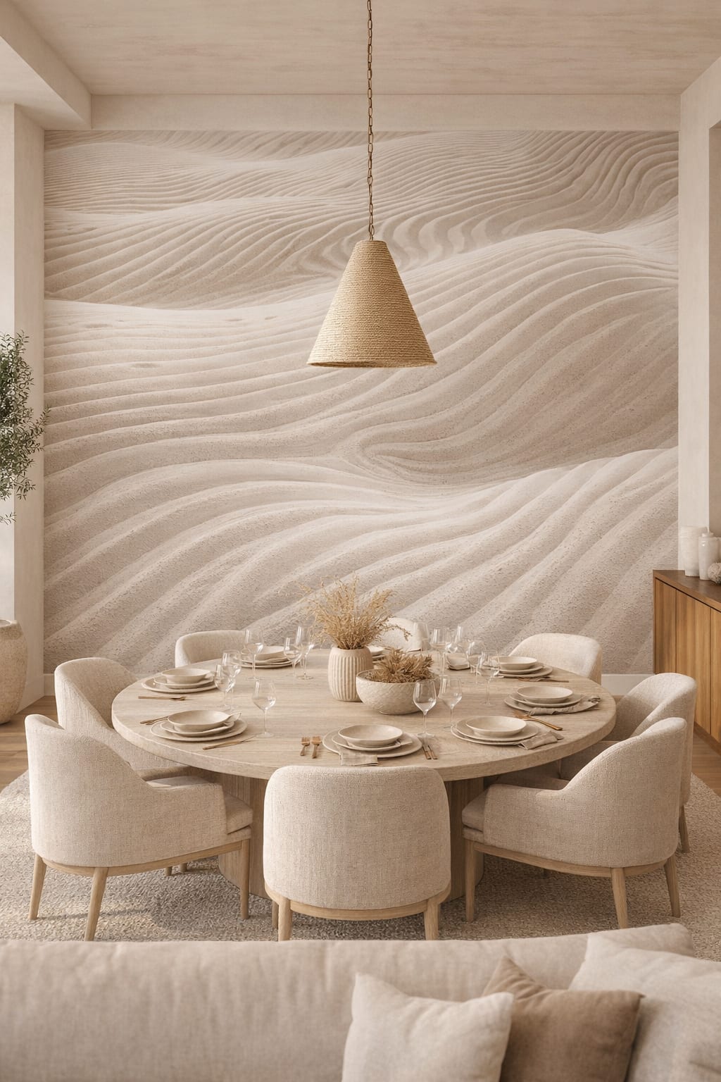 Mediterranean Modern sand-toned sand dunes featuring wind ripples - Wall Mural Peel and Stick Wallpaper for Mediterranean Modern Formal Dining Room.