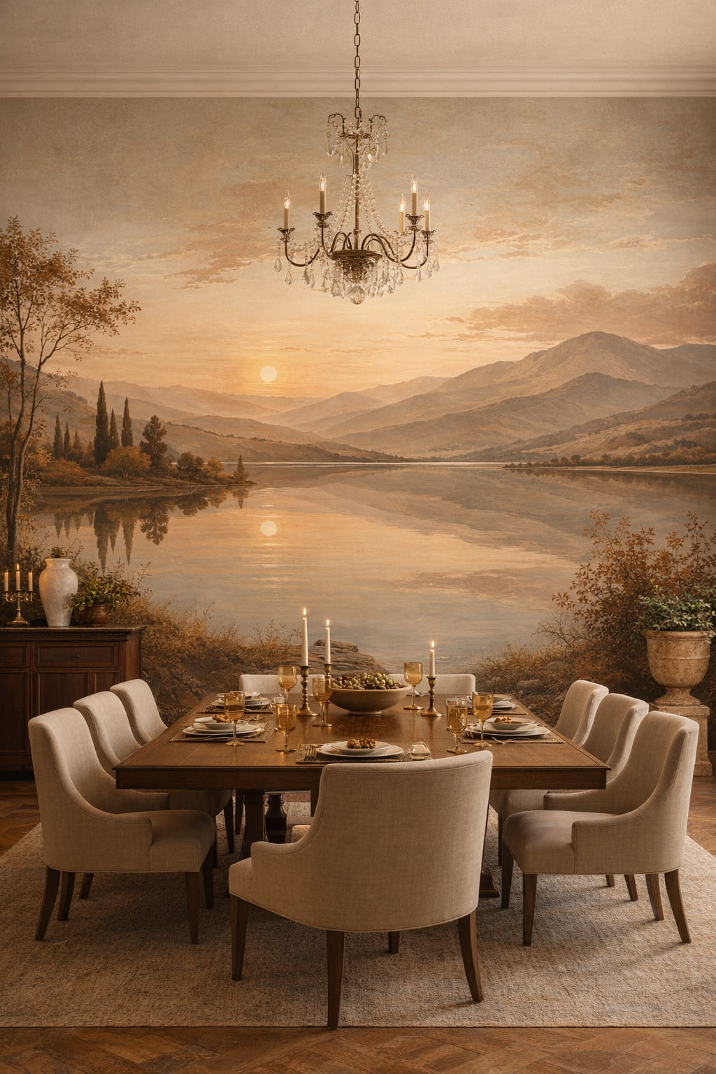 Terracotta and white mountain lake featuring sunset - Wall Mural Peel and Stick Wallpaper for Mediterranean Formal Dining Room.