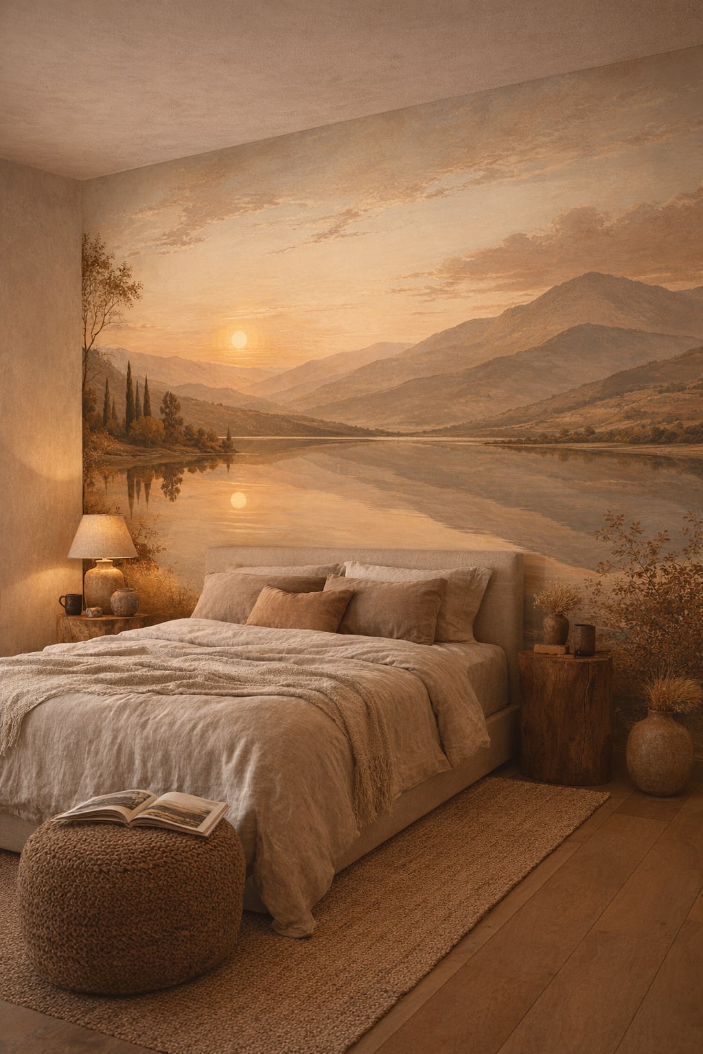 Wabi-sabi muted earth-tone mountain lake featuring sunset - Wall Mural Peel and Stick Wallpaper for Wabi-sabi Master Bedroom.