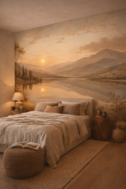 Wabi-sabi muted earth-tone mountain lake featuring sunset - Wall Mural Peel and Stick Wallpaper for Wabi-sabi Master Bedroom.