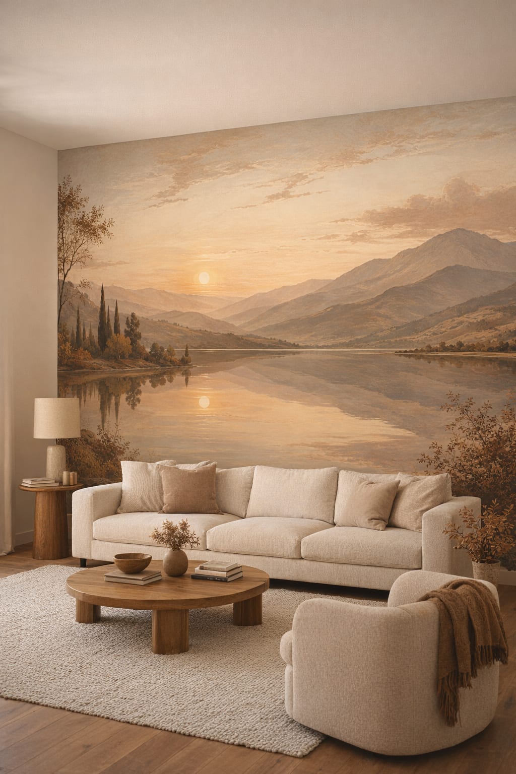 Organic Modern cream mountain lake featuring sunset - Wall Mural Peel and Stick Wallpaper for Organic Modern Living Room.