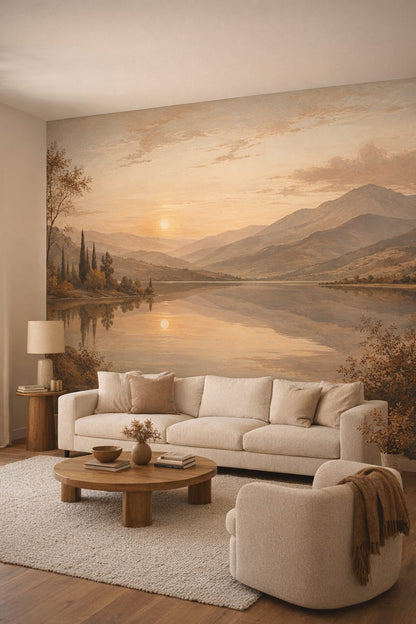 Organic Modern cream mountain lake featuring sunset - Wall Mural Peel and Stick Wallpaper for Organic Modern Living Room.
