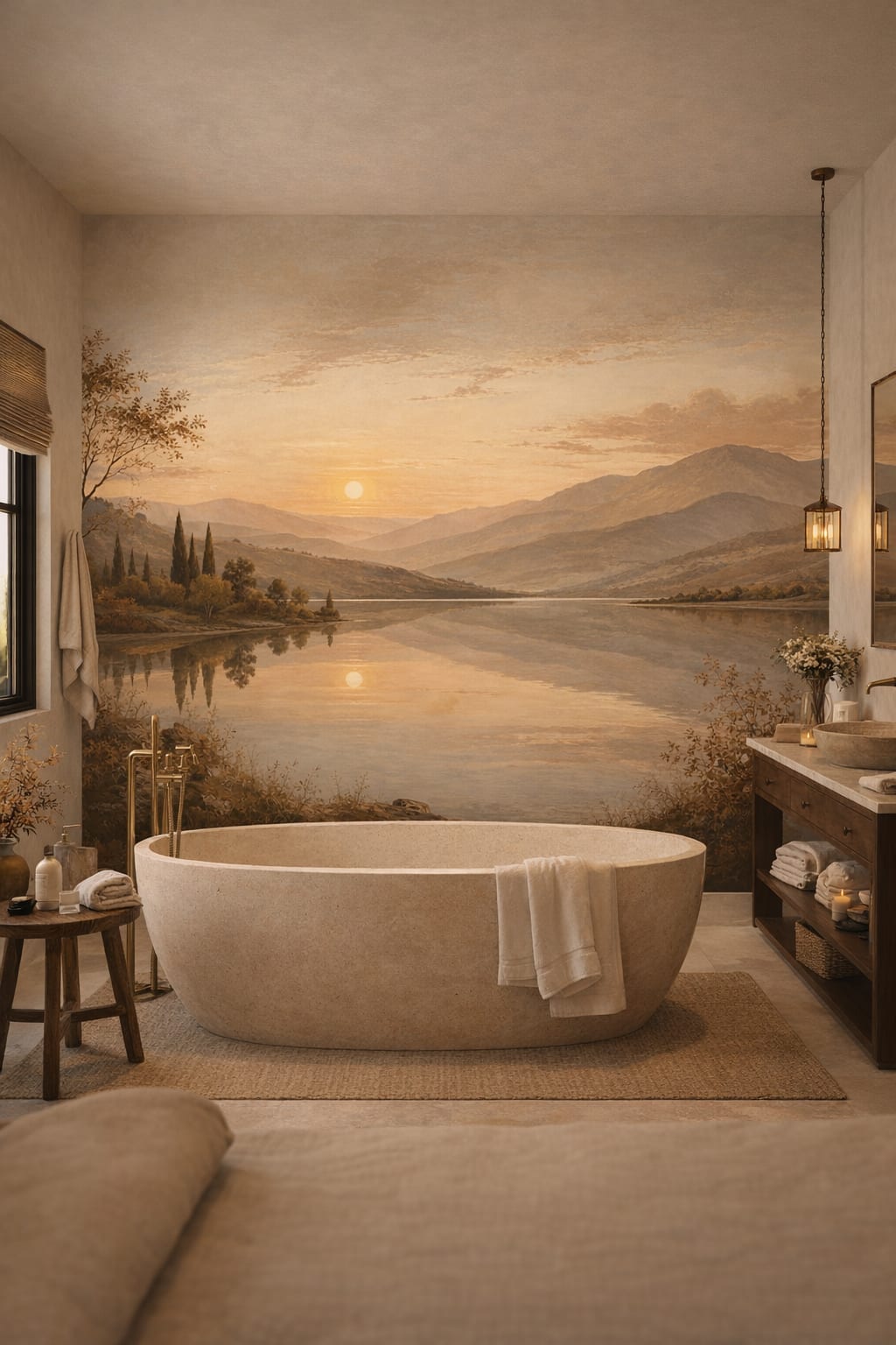 Sand charcoal mountain lake featuring sunset - Wall Mural Peel and Stick Wallpaper for Rustic Modern Luxury Bathroom.